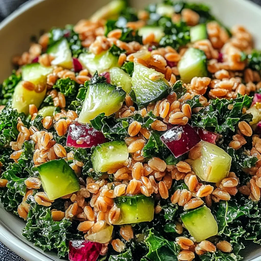 Delicious Winter Farro and Kale Salad with Garlic Citrus Dressing