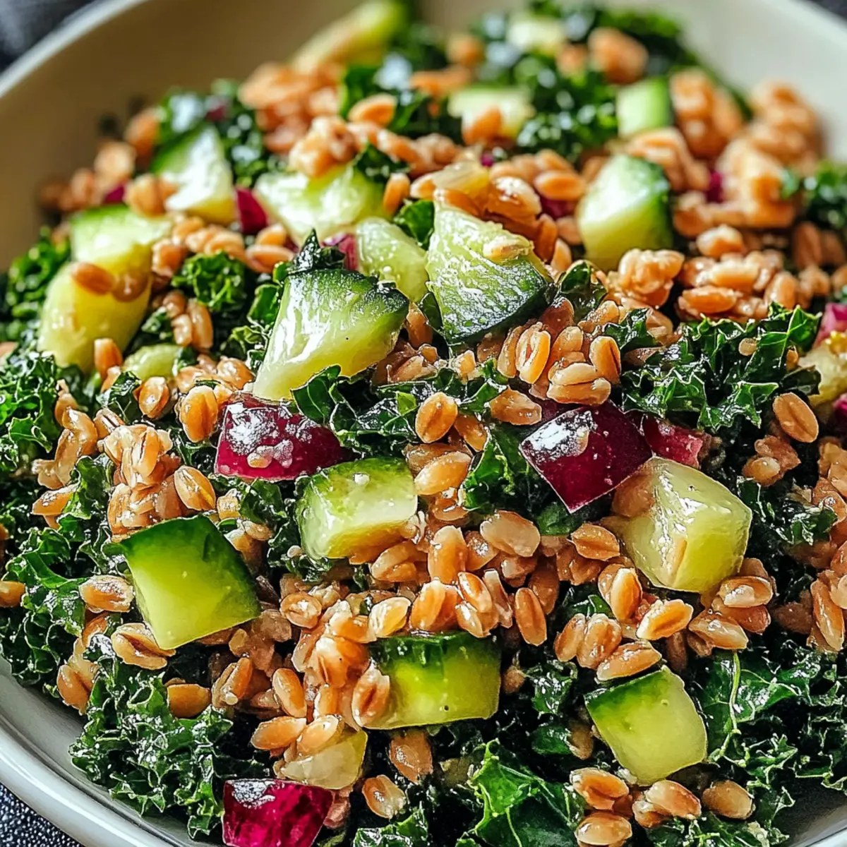 Delicious Winter Farro and Kale Salad with Garlic Citrus Dressing