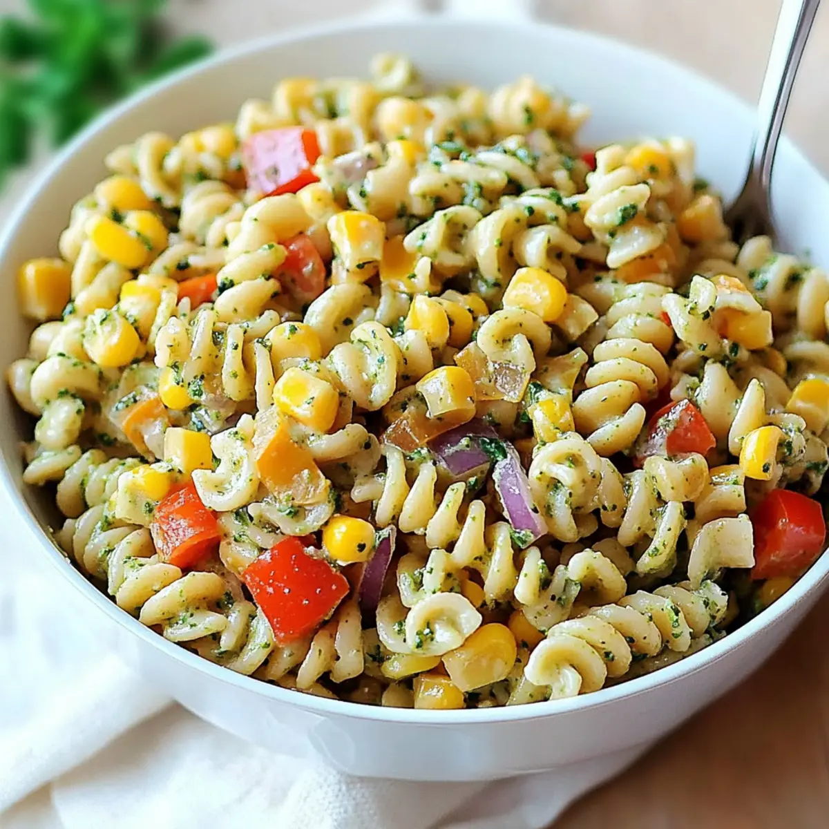 Delicious Corn Pasta Salad with Bell Pepper & Creamy Pesto Dressing