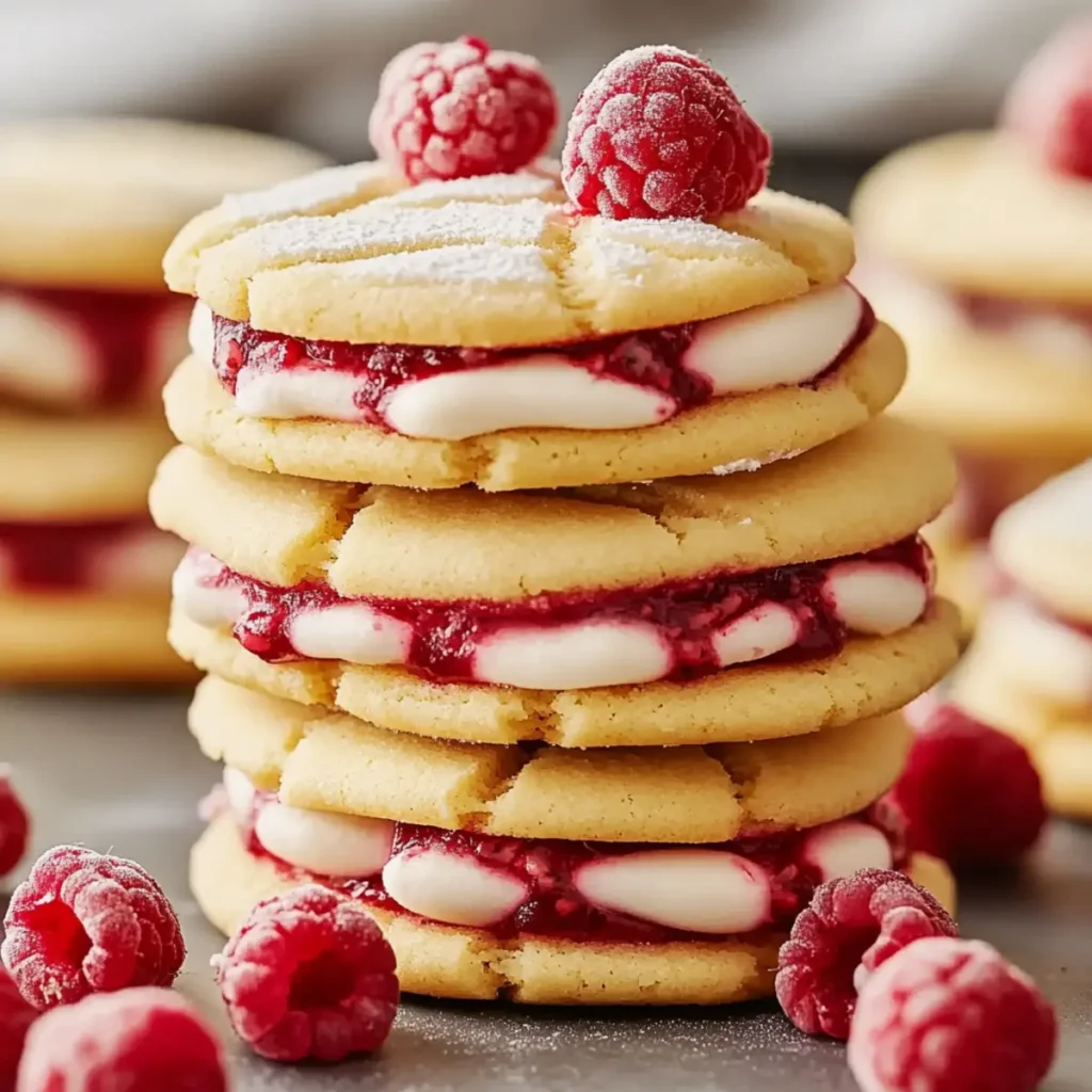 Delicious Raspberry Cream Sandwich Cookies with Fresh Raspberries & Crème