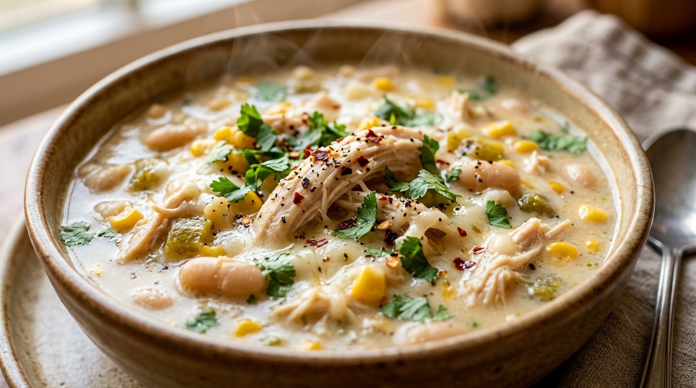 Ultra close-up macro of cozy creamy white chicken chili with tender shredded chicken, white beans, and cilantro