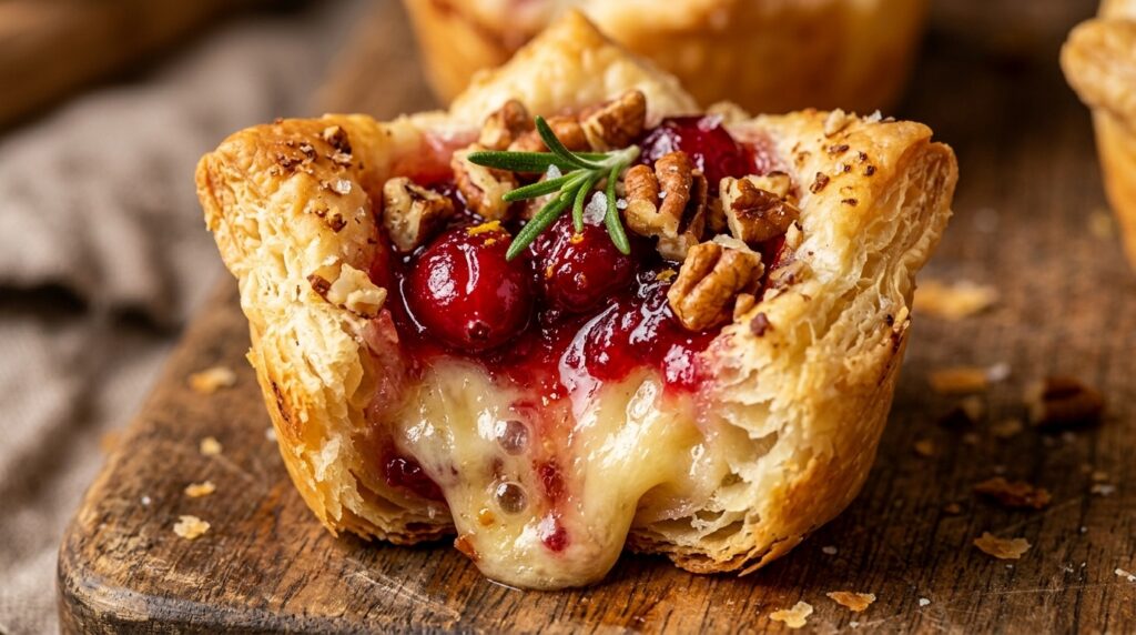 Flaky golden puff pastry cranberry brie bites with melted cheese and toasted pecans