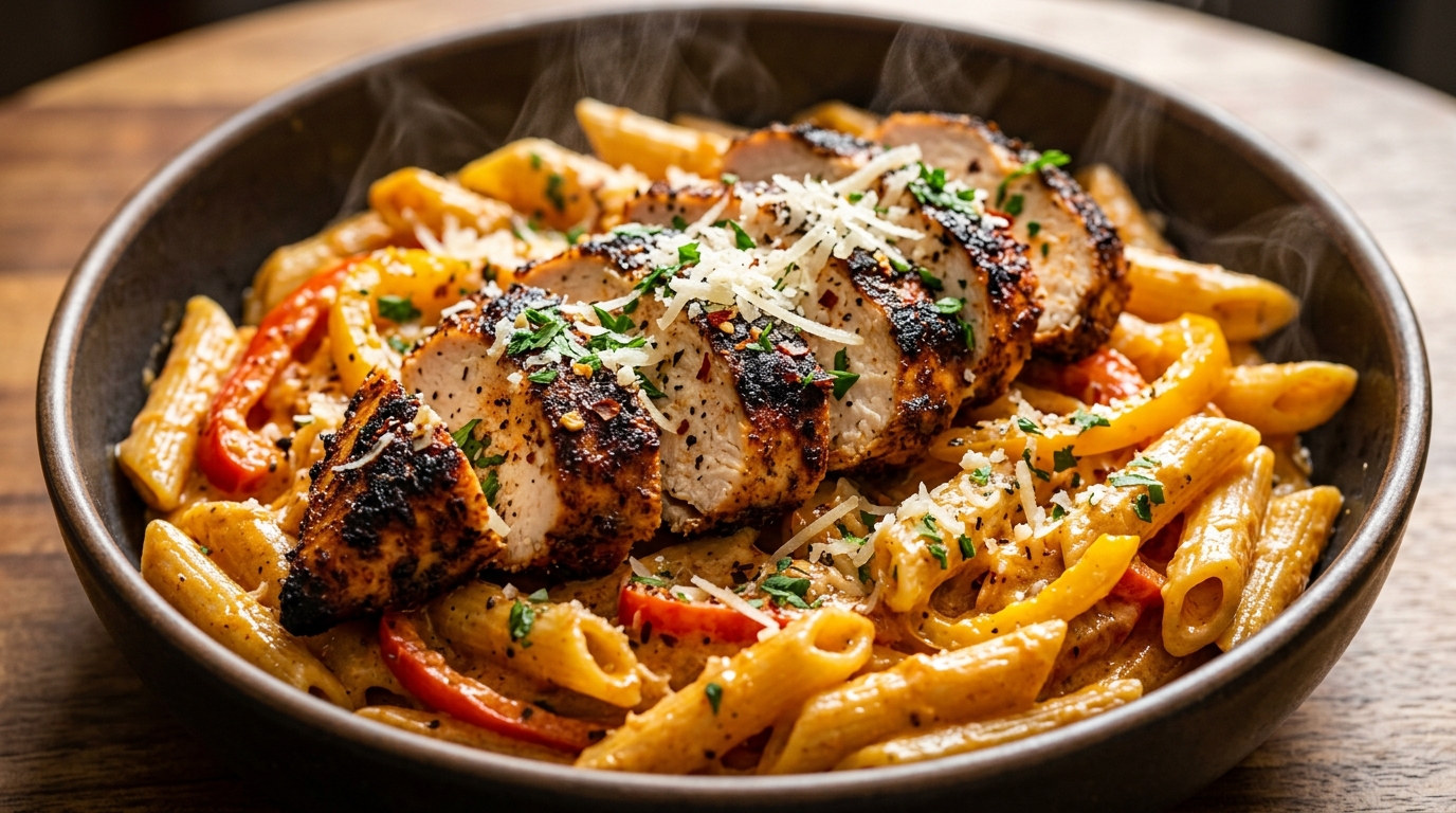Ultra close-up macro of creamy cajun chicken pasta with sliced blackened chicken and sweet bell peppers