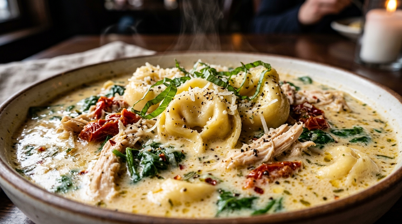 Ultra close-up macro of creamy marry me chicken tortellini soup with cheese tortellini and sun-dried tomatoes