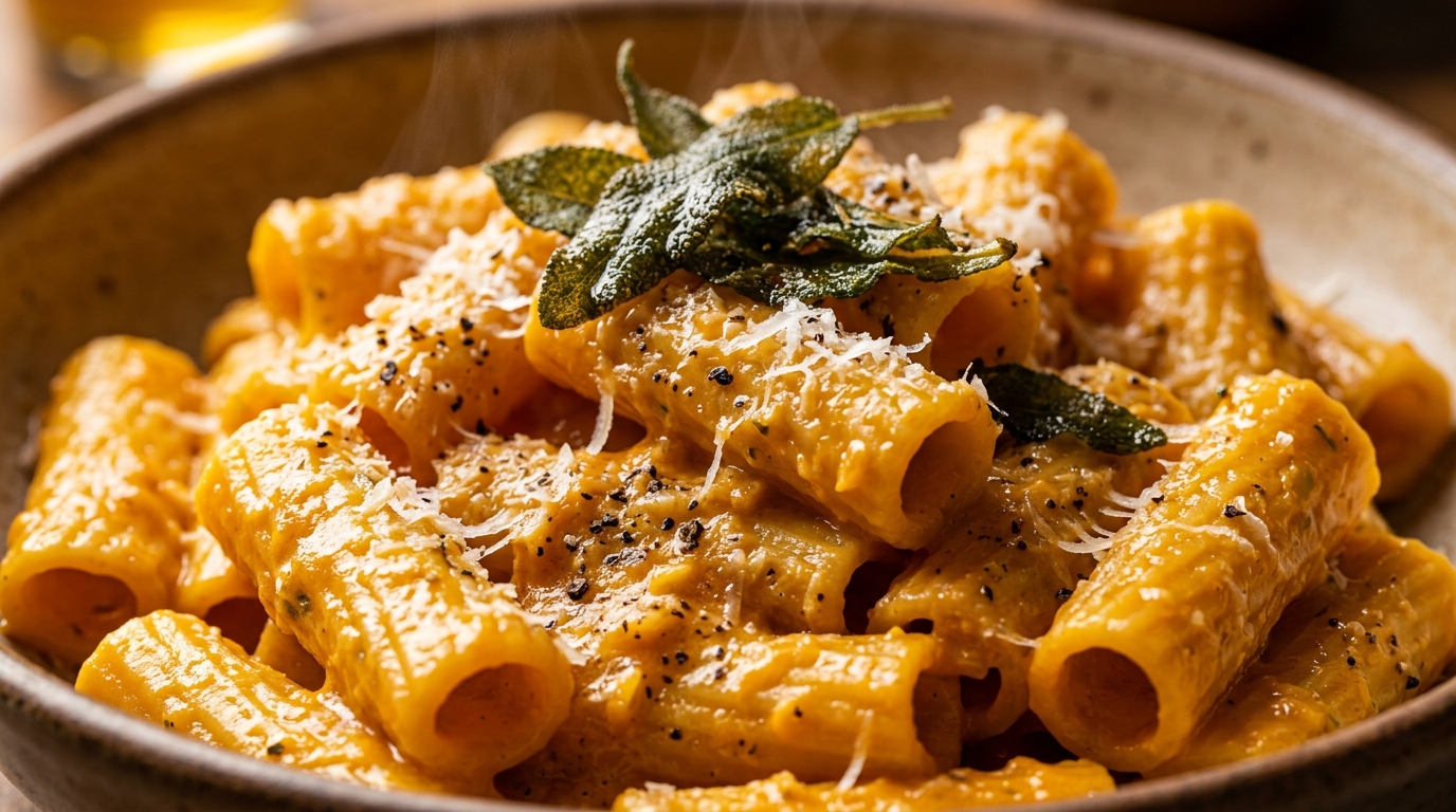 Ultra close-up macro of creamy pumpkin garlic rigatoni with fried sage and shaved parmesan