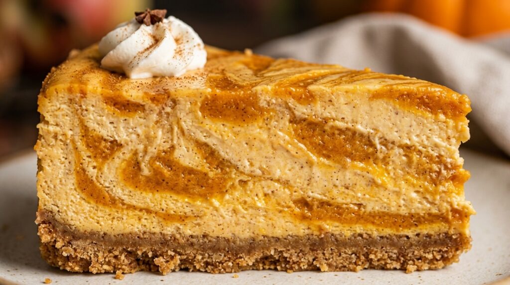 Ultra close-up macro of creamy spiced pumpkin swirl cheesecake bar with cinnamon graham crust and whipped cream