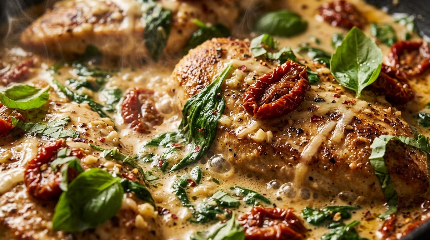Ultra close-up macro of creamy tuscan garlic chicken skillet simmering in velvety sauce