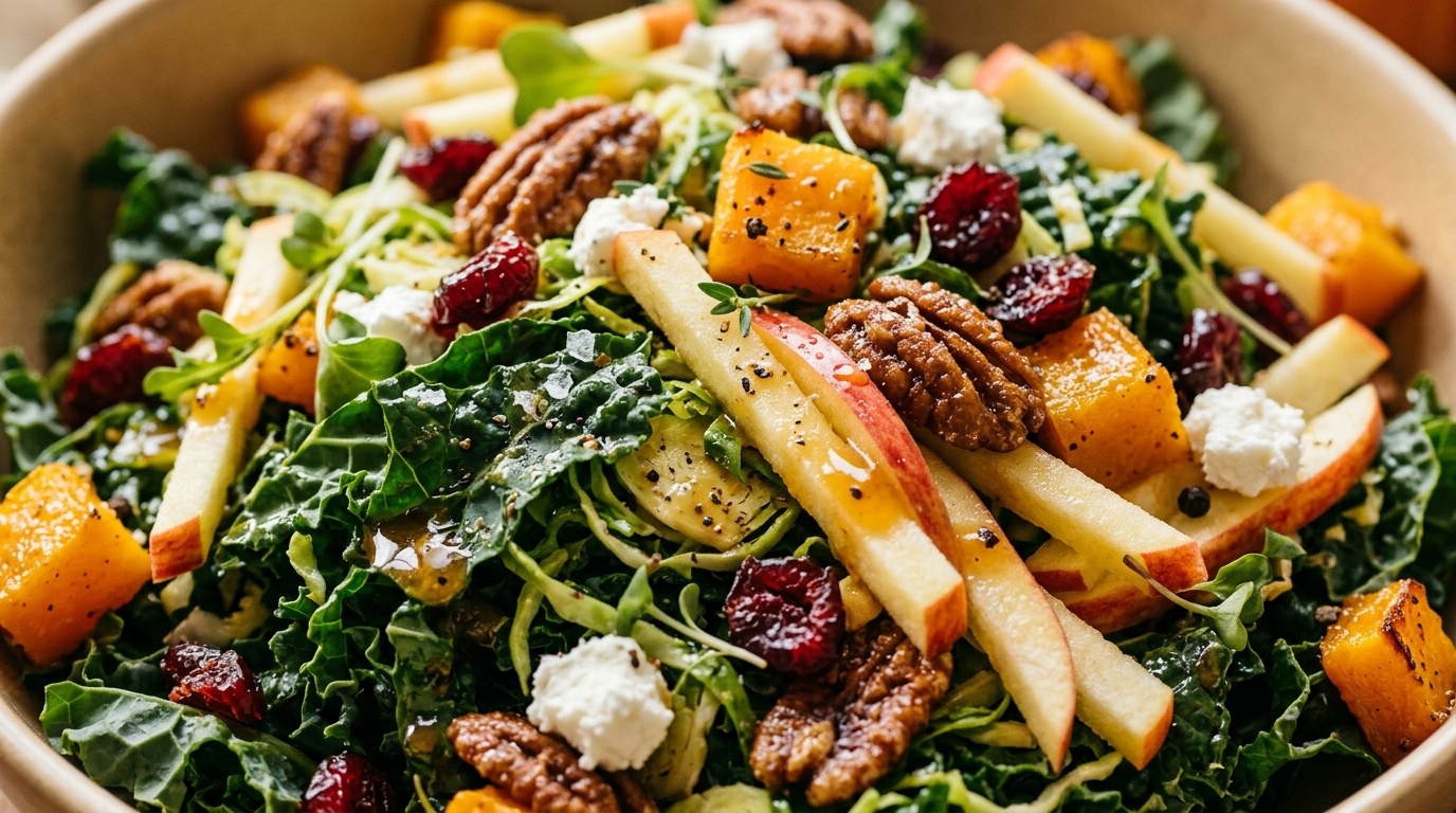Ultra close-up macro of crispy chopped autumn harvest salad with glossy apple cider dressing, roasted butternut squash, and candied pecans