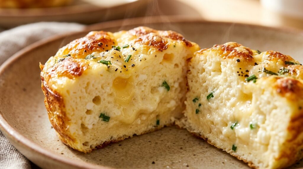 Ultra close-up macro of fluffy baked cottage cheese egg bite cut in half with melted Gruyere cheese and chives