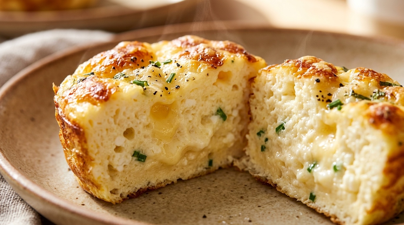 Ultra close-up macro of fluffy baked cottage cheese egg bite cut in half with melted Gruyere cheese and chives