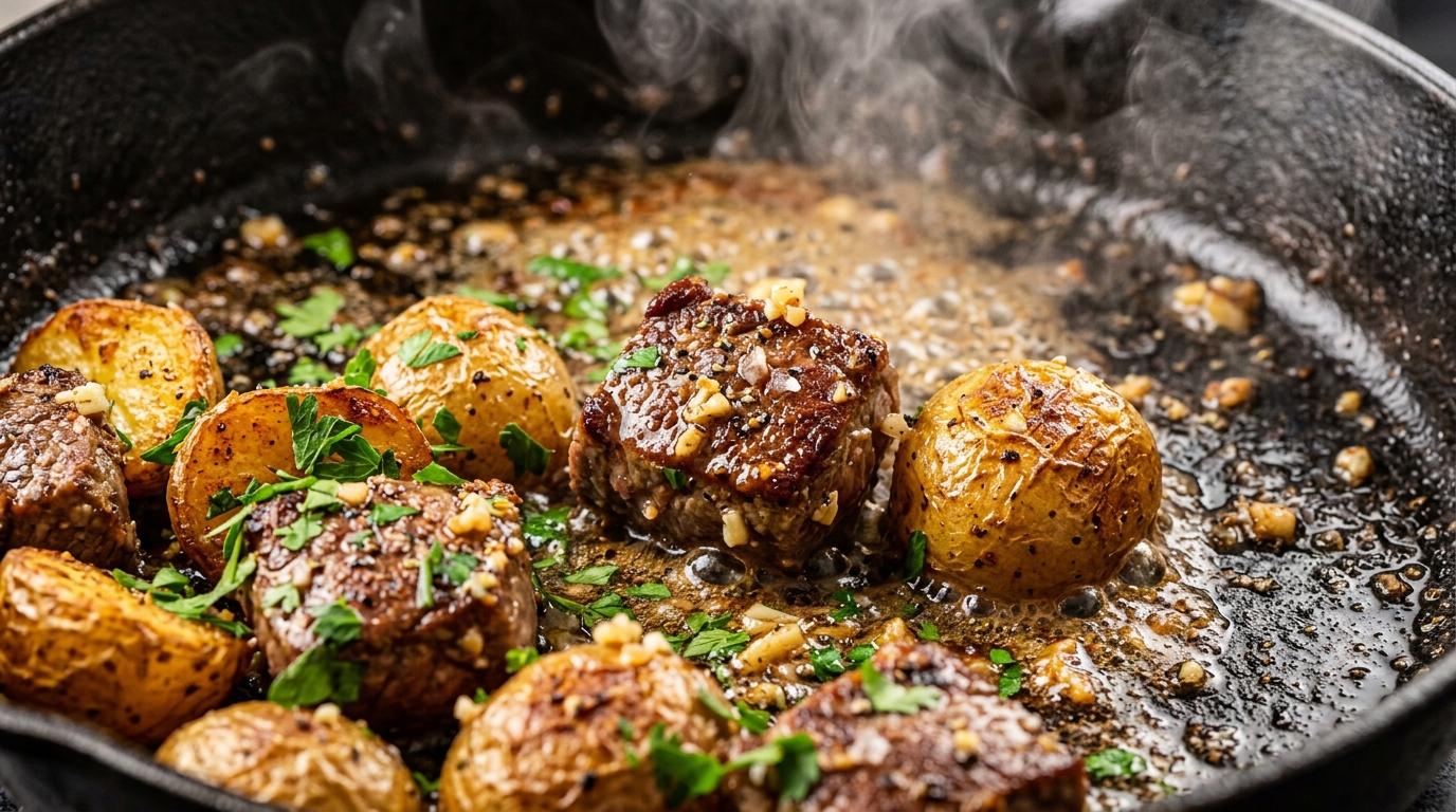 Ultra close-up macro of sizzling garlic butter steak bites and crispy golden potatoes in cast iron skillet