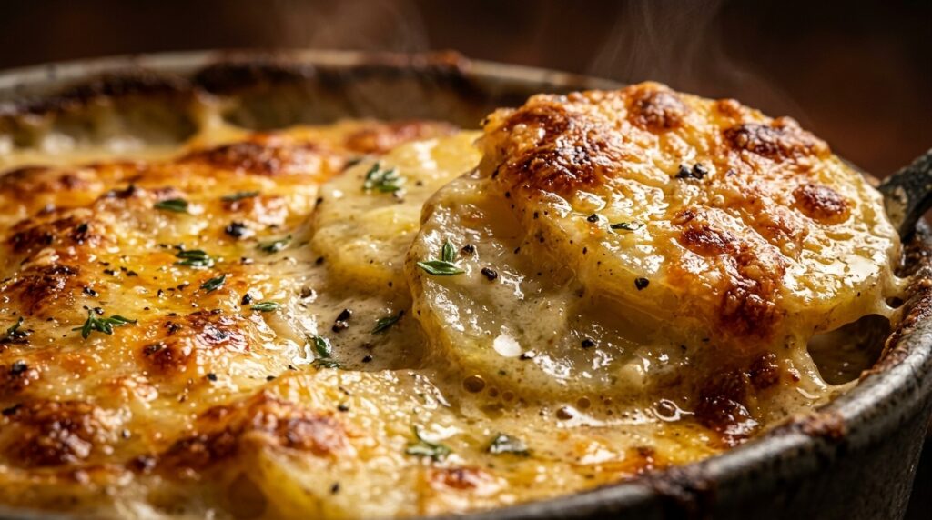 Ultra close-up macro of bubbling garlic parmesan scalloped potatoes with golden broiled cheese crust