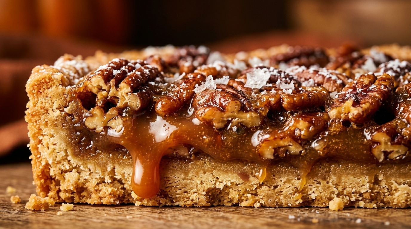 Ultra close-up macro of gooey brown butter pecan pie shortbread bar with slow caramel drip and flaky sea salt