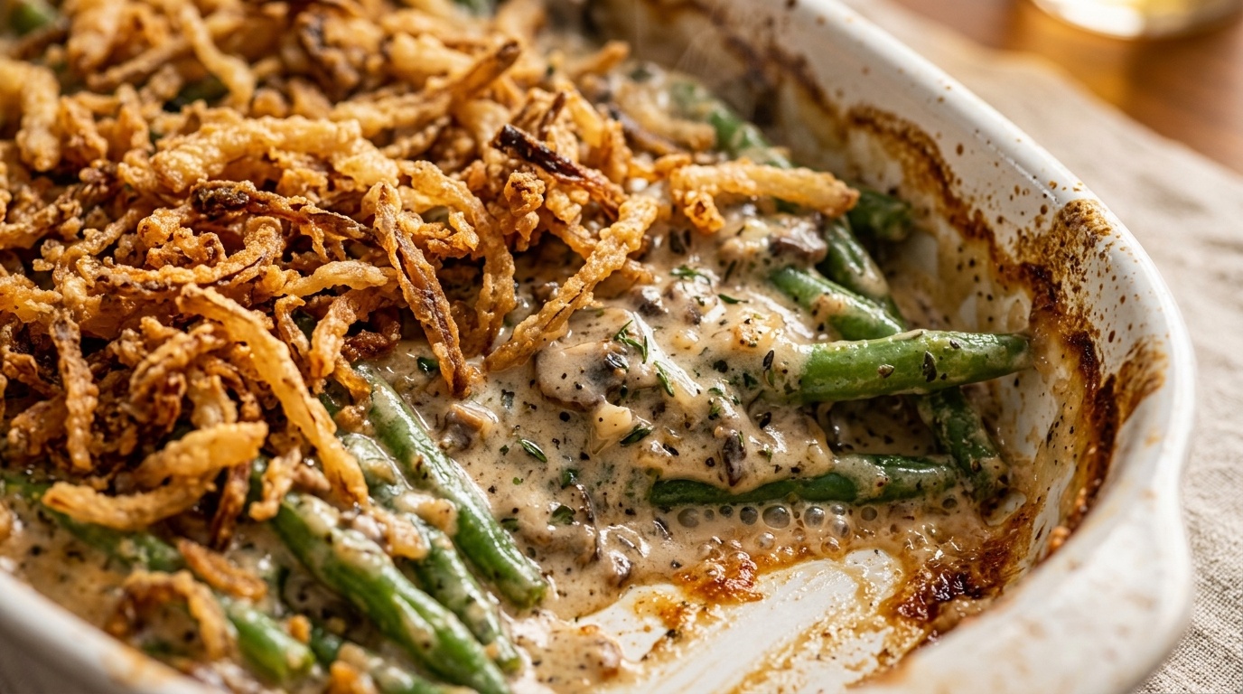 Ultra close-up macro of creamy green bean casserole with golden crispy fried onions