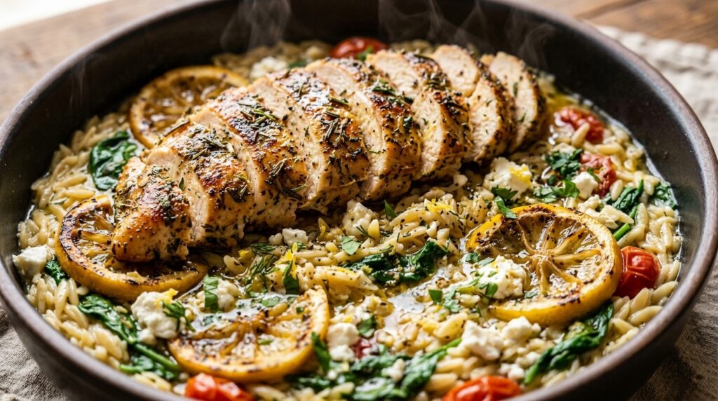 Ultra close-up macro of seared lemon herb chicken sliced over creamy spinach feta orzo pasta with charred lemons