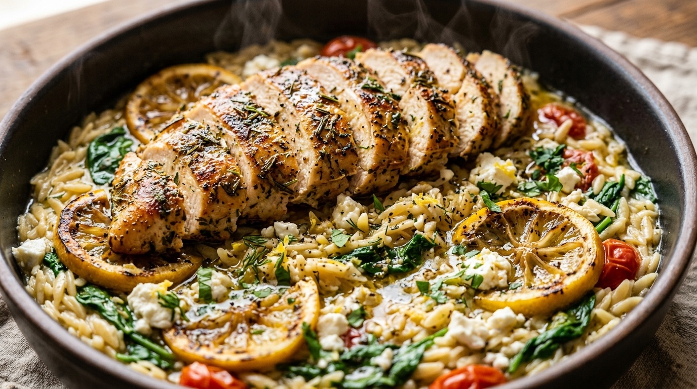 Ultra close-up macro of seared lemon herb chicken sliced over creamy spinach feta orzo pasta with charred lemons