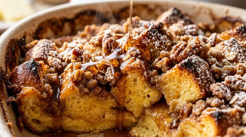 Warm baked overnight brioche French toast casserole with cinnamon pecan streusel and maple syrup