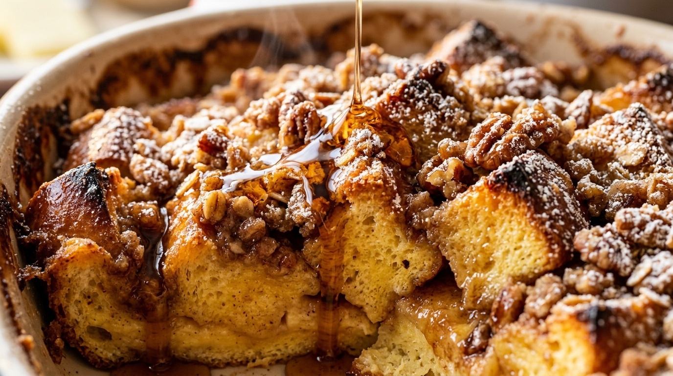 Ultra close-up macro of baked cinnamon brioche French toast casserole dripping with warm maple syrup