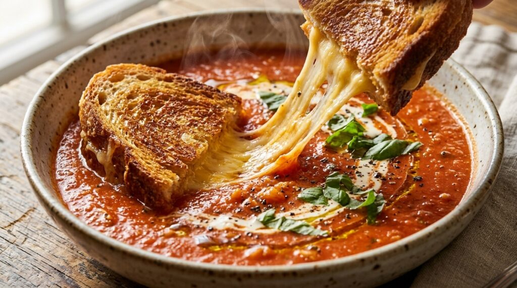 Rich creamy roasted garlic tomato basil soup with cream swirl and fresh basil in white artisan bowl