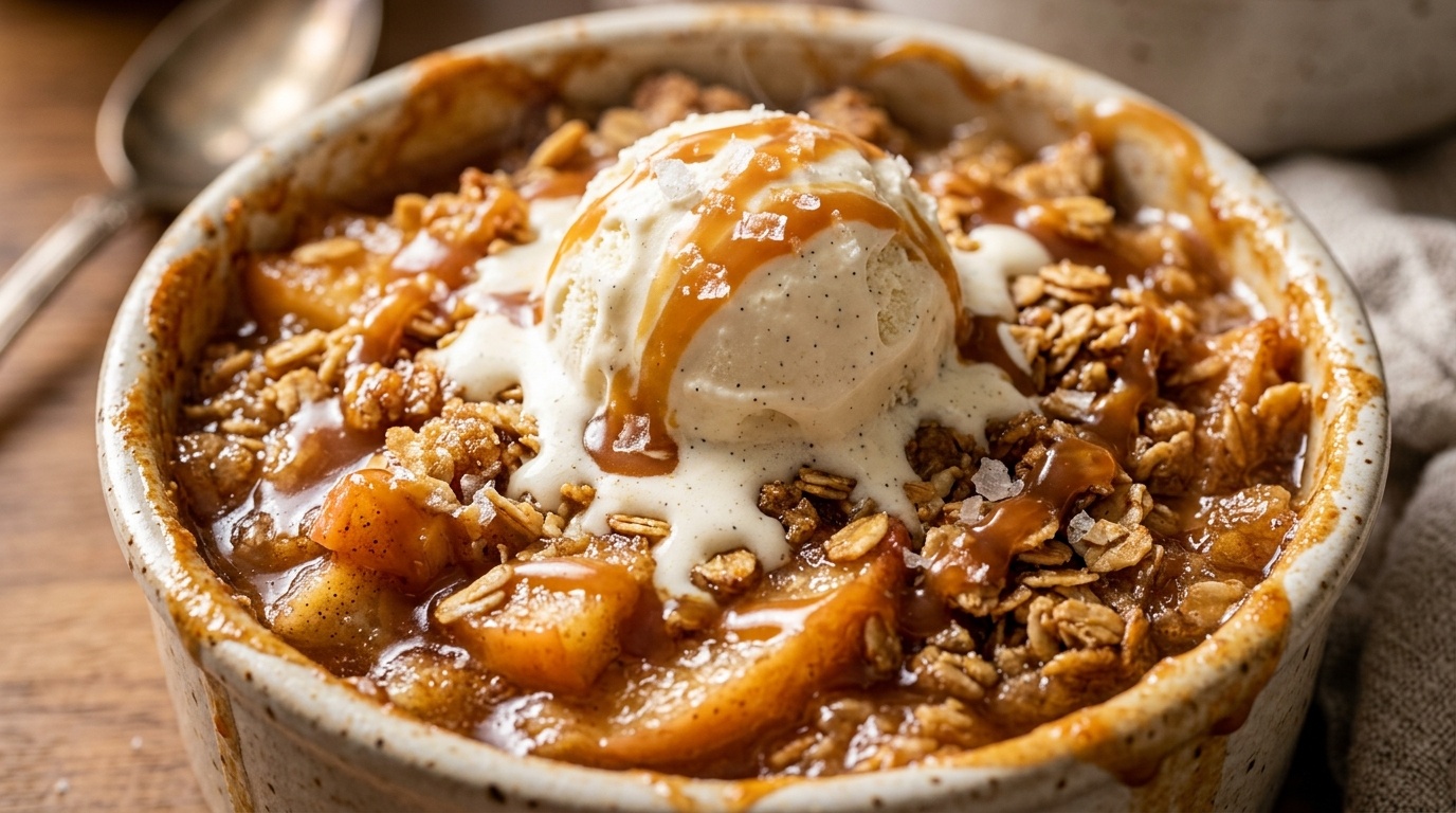 Ultra close-up macro of warm salted caramel apple crisp with melting vanilla bean ice cream and golden oat topping
