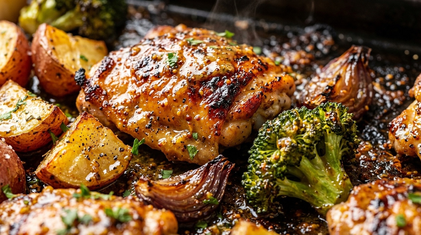 Ultra close-up macro of sheet pan honey mustard chicken with charred edges and roasted veggies