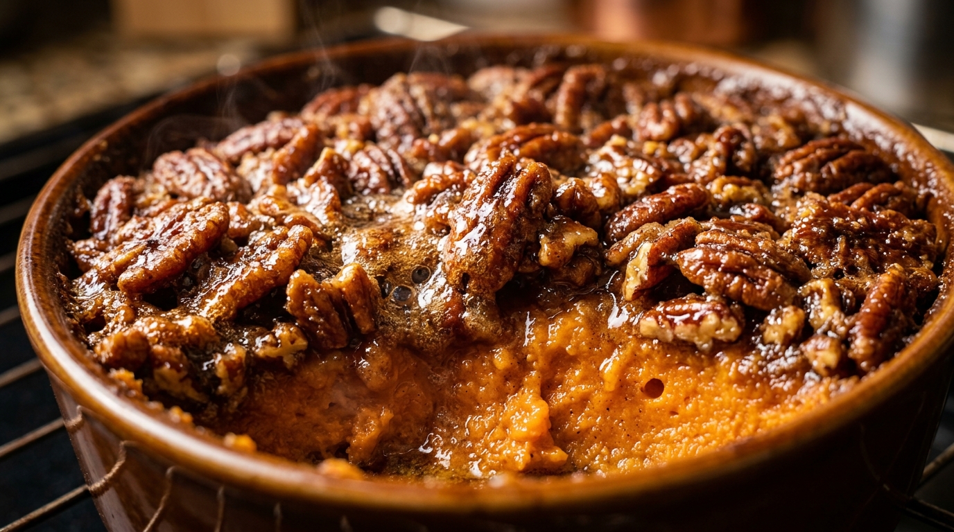 Ultra close-up macro of bubbling sweet potato casserole with caramelized brown sugar pecan streusel