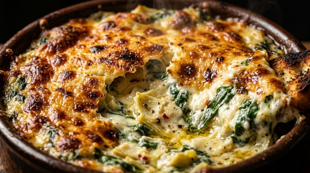 Ultra close-up macro of bubbling hot cheesy spinach artichoke dip with golden blistered crust