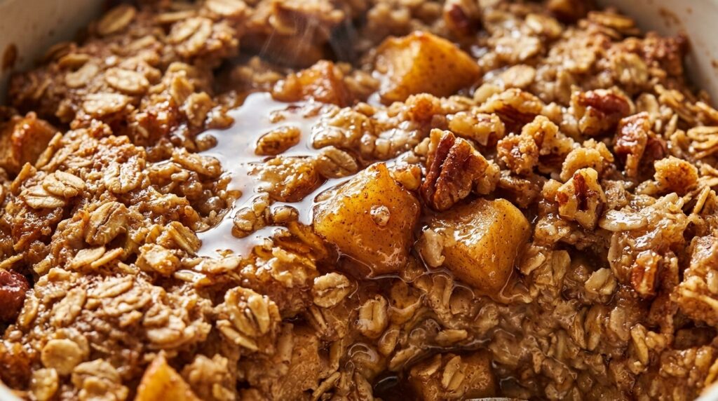 Ultra close-up macro of warm golden apple cinnamon baked oatmeal with caramelized apples, toasted pecans, and maple glaze drizzle