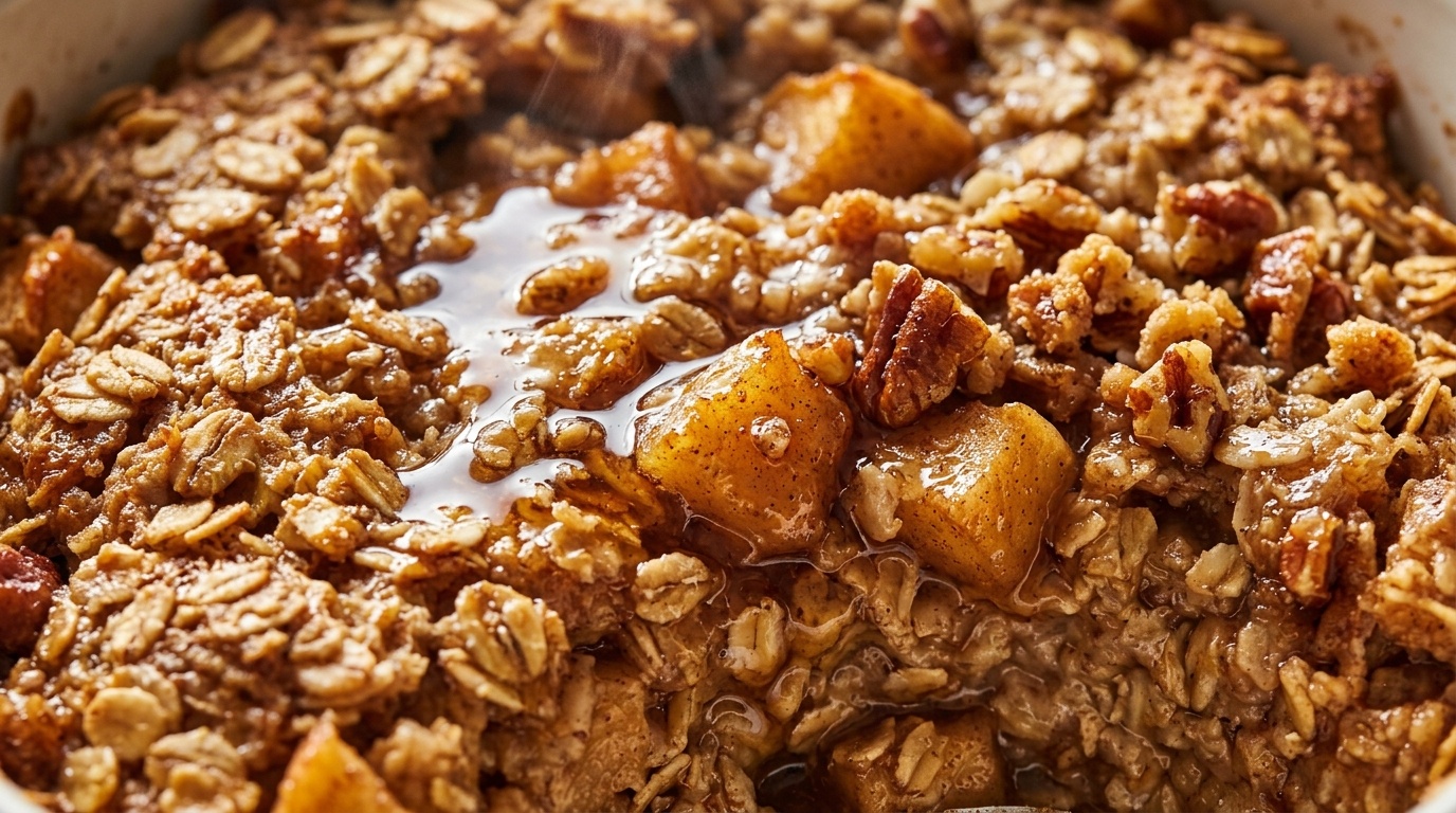 Ultra close-up macro of warm golden apple cinnamon baked oatmeal with caramelized apples, toasted pecans, and maple glaze drizzle
