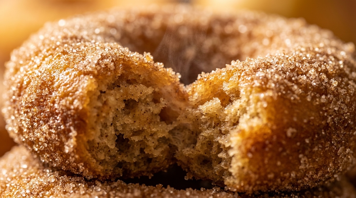 Ultra close-up macro food photography of golden baked apple cider donuts thickly coated in glistening sparkling cinnamon sugar with tender spiced crumb visible