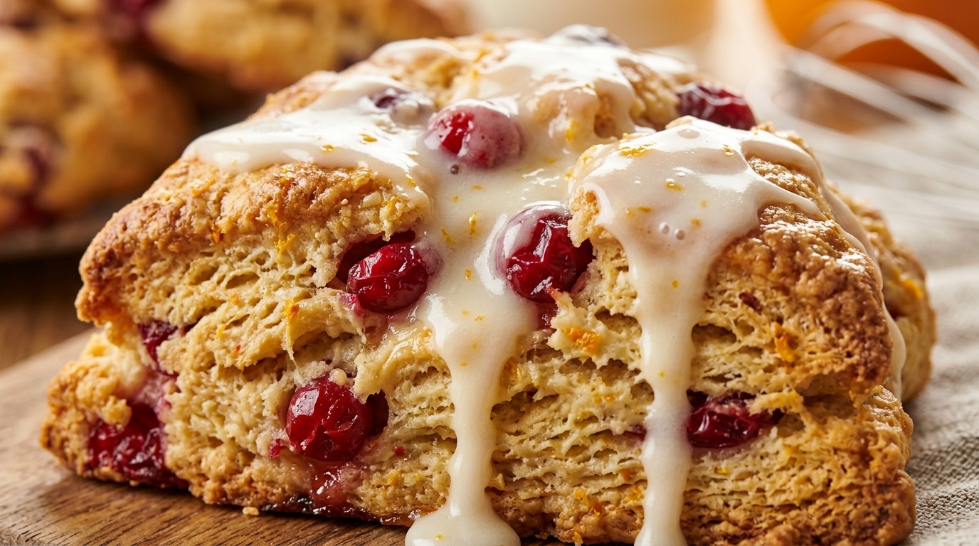 Ultra close-up macro of golden flaky cranberry orange scones drizzled with glossy citrus glaze