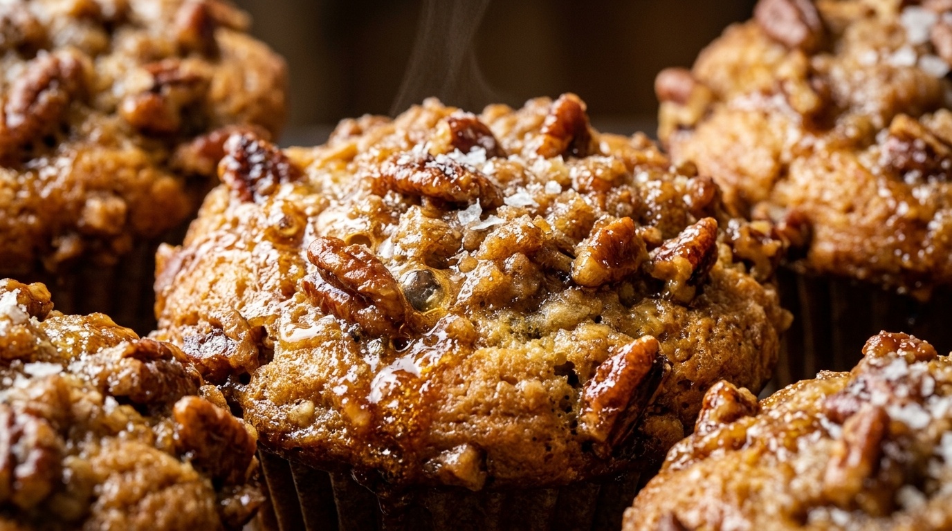Ultra close-up macro of warm golden bakery pecan pie muffins with bubbling caramel and crunchy toasted pecan streusel