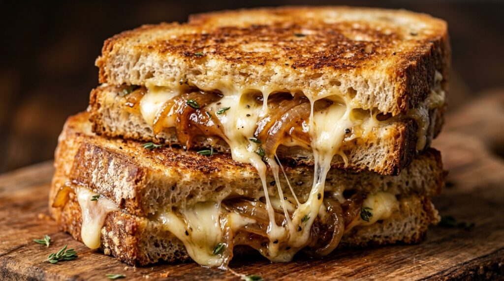 Ultra close-up macro of gooey melted Gruyere and sharp cheddar with jammy caramelized onions inside golden griddled sourdough