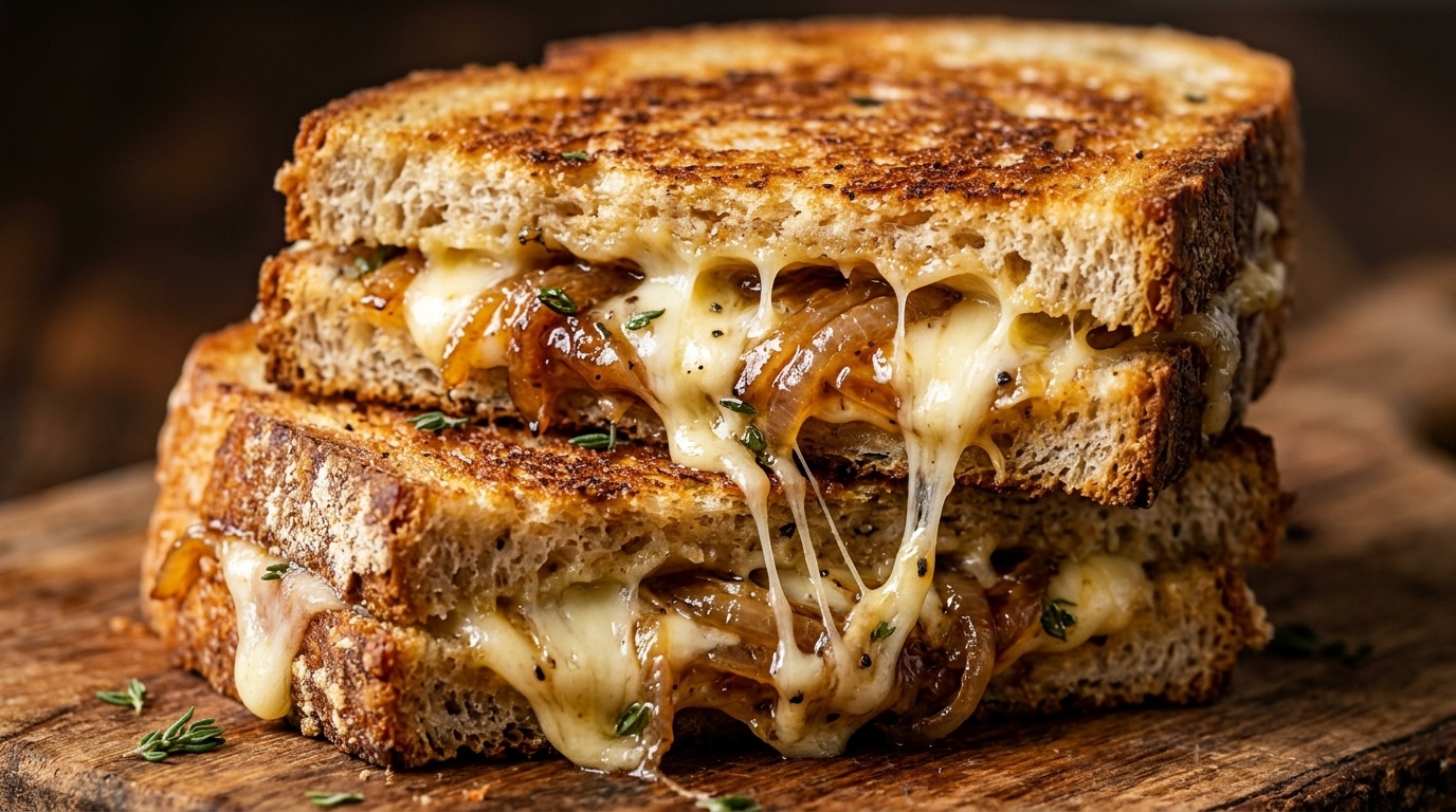 Ultra close-up macro of gooey melted Gruyere and sharp cheddar with jammy caramelized onions inside golden griddled sourdough