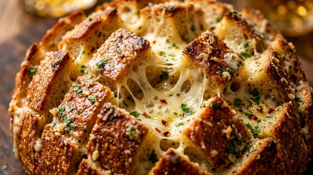 Ultra close-up macro of cheesy garlic pull-apart bread with bubbling melted mozzarella pulls between crusty sourdough cubes