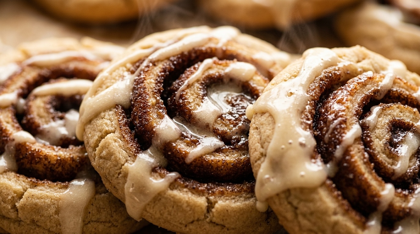 Ultra close-up macro texture of thick chewy cinnamon roll cookies with caramelized brown sugar cinnamon swirl and glossy cream cheese glaze