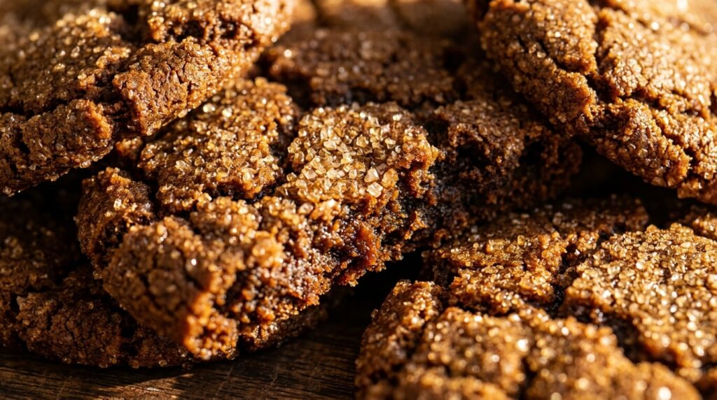 Ultra close-up macro of crackly chewy ginger molasses cookies with sparkling sugar crystals and rich fudgy centers