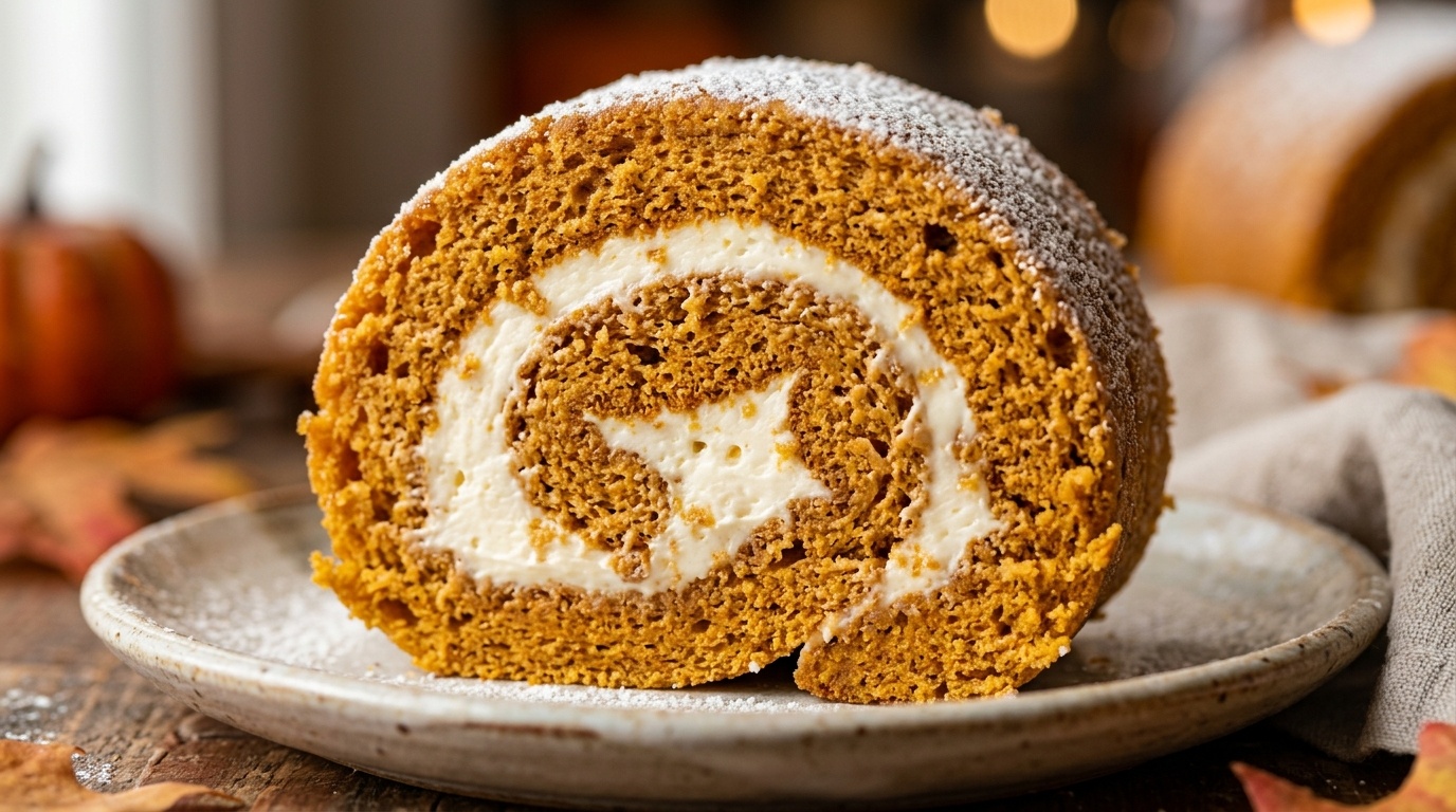 Ultra close-up macro of sliced pumpkin roll cake with velvety cream cheese filling spiral