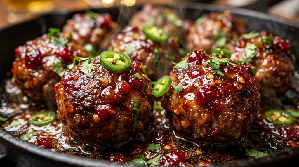 Ultra close-up macro of bubbling cocktail cranberry jalapeno meatballs in slow cooker with glossy ruby glaze and diced green jalapenos