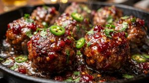 Ultra close-up macro of bubbling cocktail cranberry jalapeno meatballs in slow cooker with glossy ruby glaze and diced green jalapenos