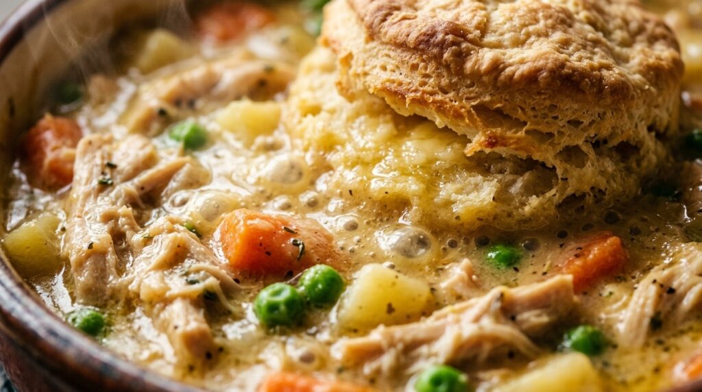 Ultra close-up macro texture of bubbling creamy chicken pot pie filling topped with a golden flaky buttermilk biscuit