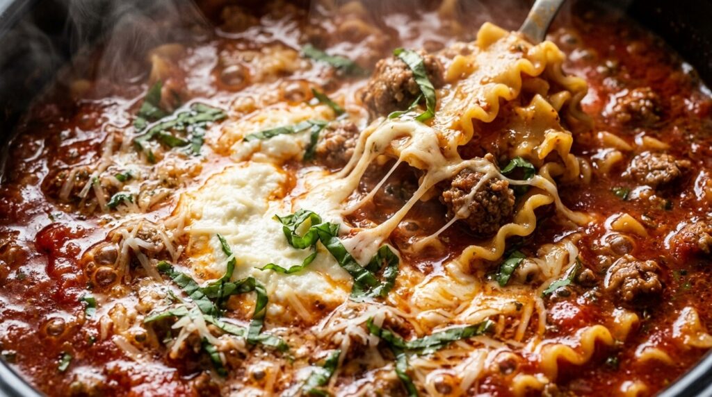 Ultra close-up macro of bubbling slow cooker lasagna soup with ground beef, wavy noodles, melted mozzarella, and creamy ricotta swirl