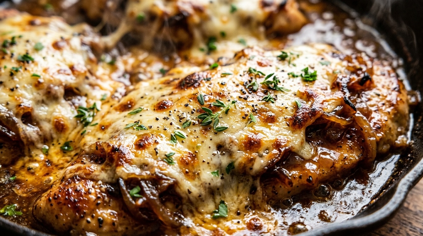 Ultra close-up macro texture of bubbling melted blistered Gruyere cheese over seared chicken cutlets in dark caramelized onion sauce