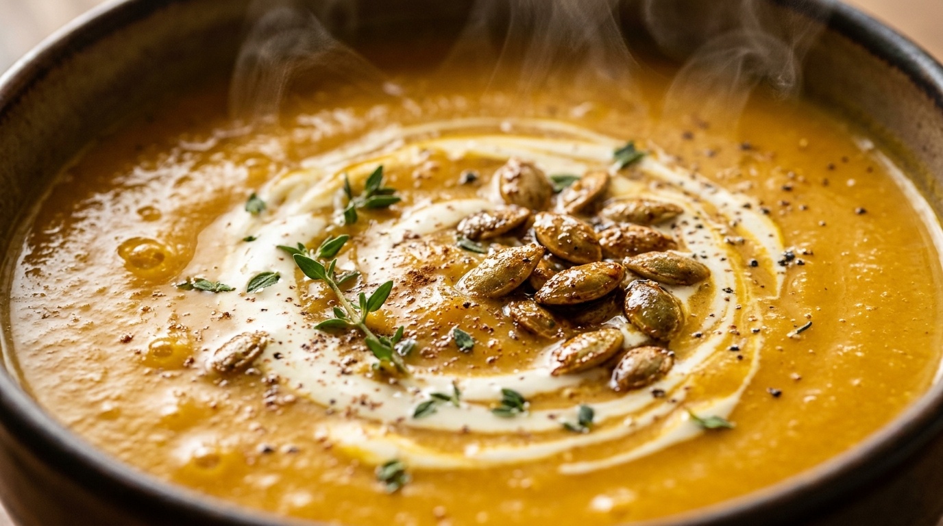 Ultra close-up macro of piping hot velvety golden autumn squash soup with cream swirl and crunchy spiced pepitas