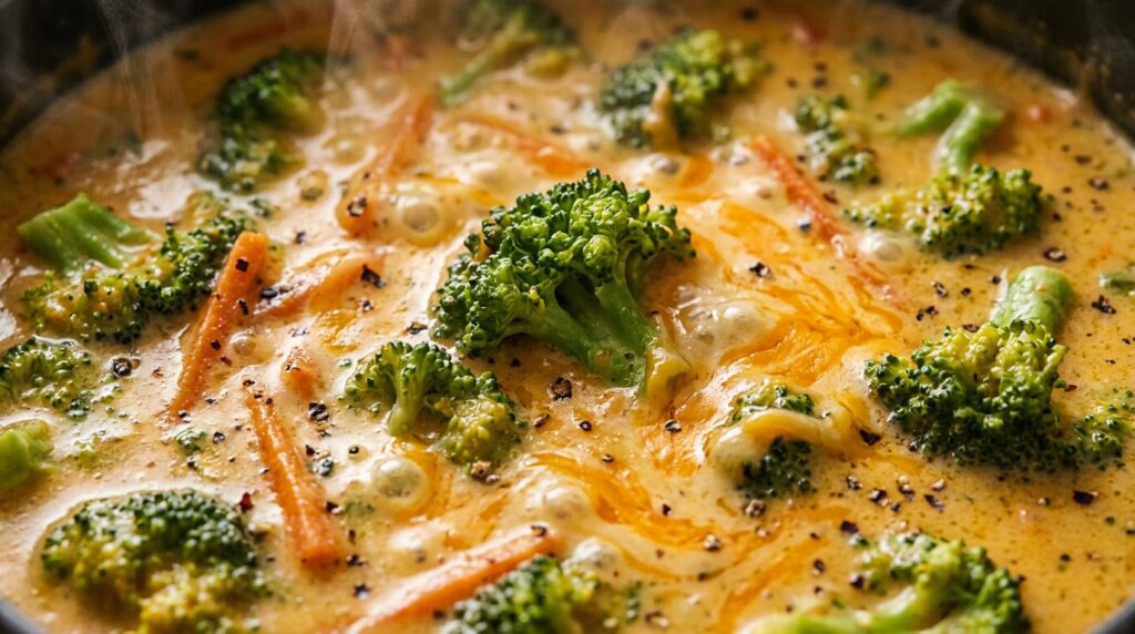 Ultra close-up macro of bubbling velvety broccoli cheddar soup with tender green florets and melted cheddar