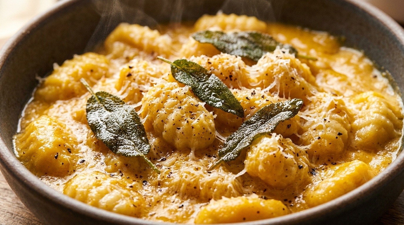 Ultra close-up macro of pillowy potato gnocchi bathed in velvety golden butternut squash cream sauce with crispy fried sage