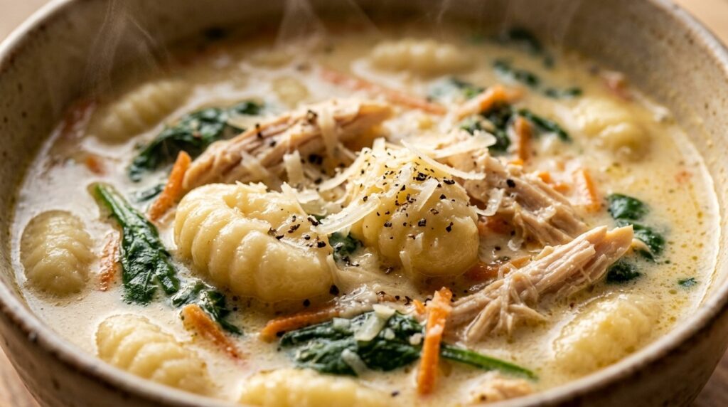 Ultra close-up macro texture of creamy Olive Garden chicken gnocchi soup with pillowy gnocchi, chicken, spinach, and parmesan