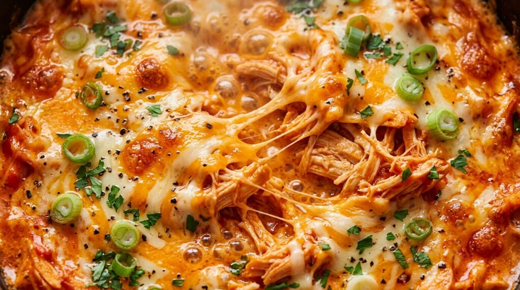 Ultra close-up macro of bubbling molten creamy buffalo chicken dip with cheese pulls and green scallions