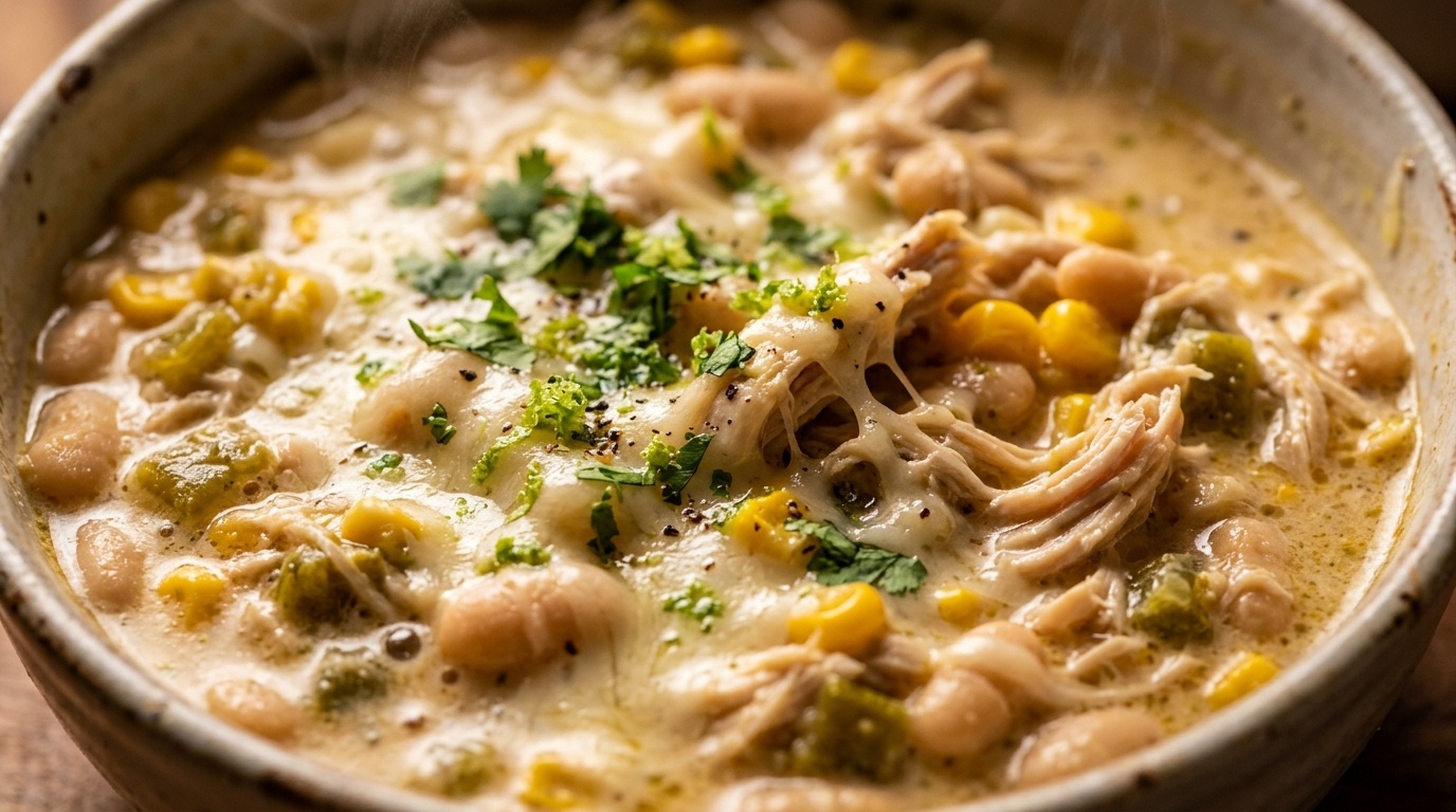 Ultra close-up macro of bubbling creamy white chicken chili with shredded chicken, beans, corn, and melted cheese