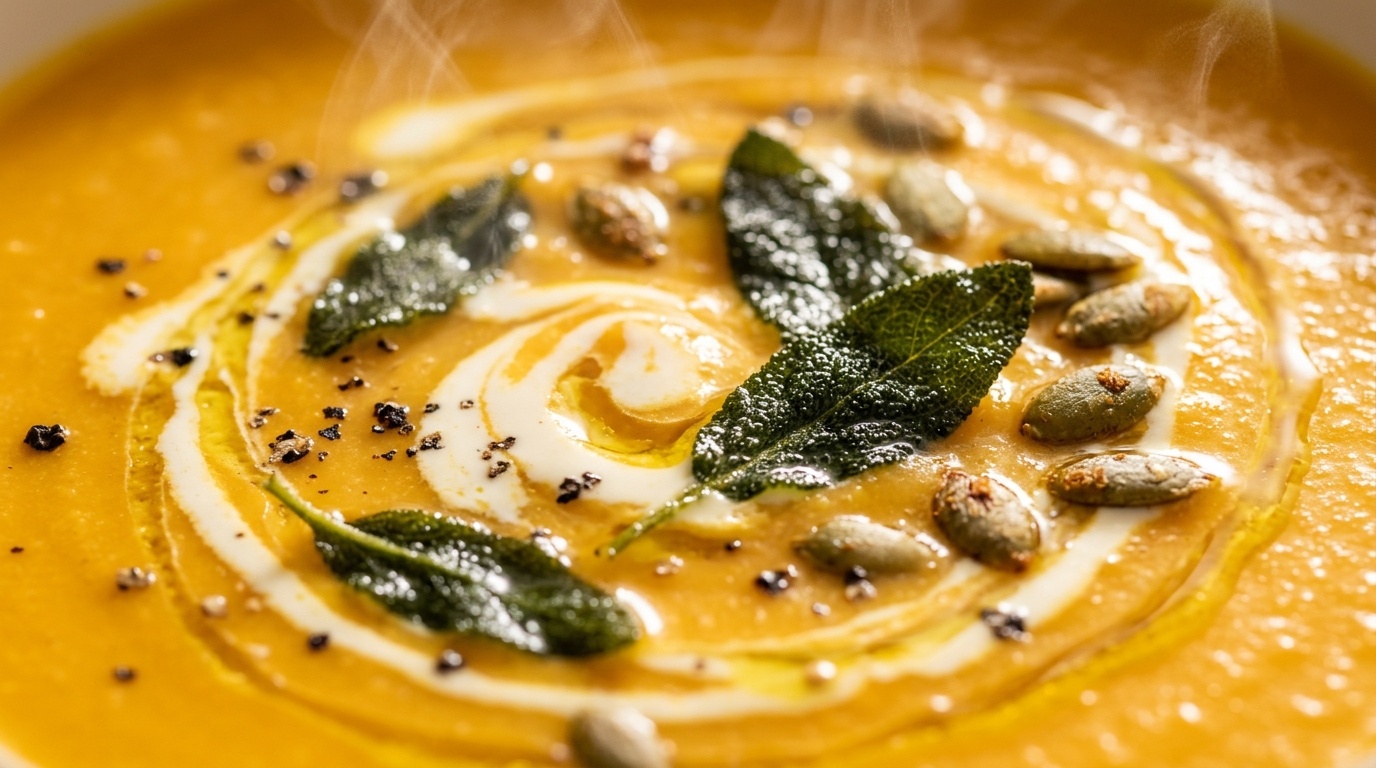 Ultra close-up macro texture of velvety golden roasted butternut squash soup swirled with cream, crispy fried sage leaves, and toasted pepitas